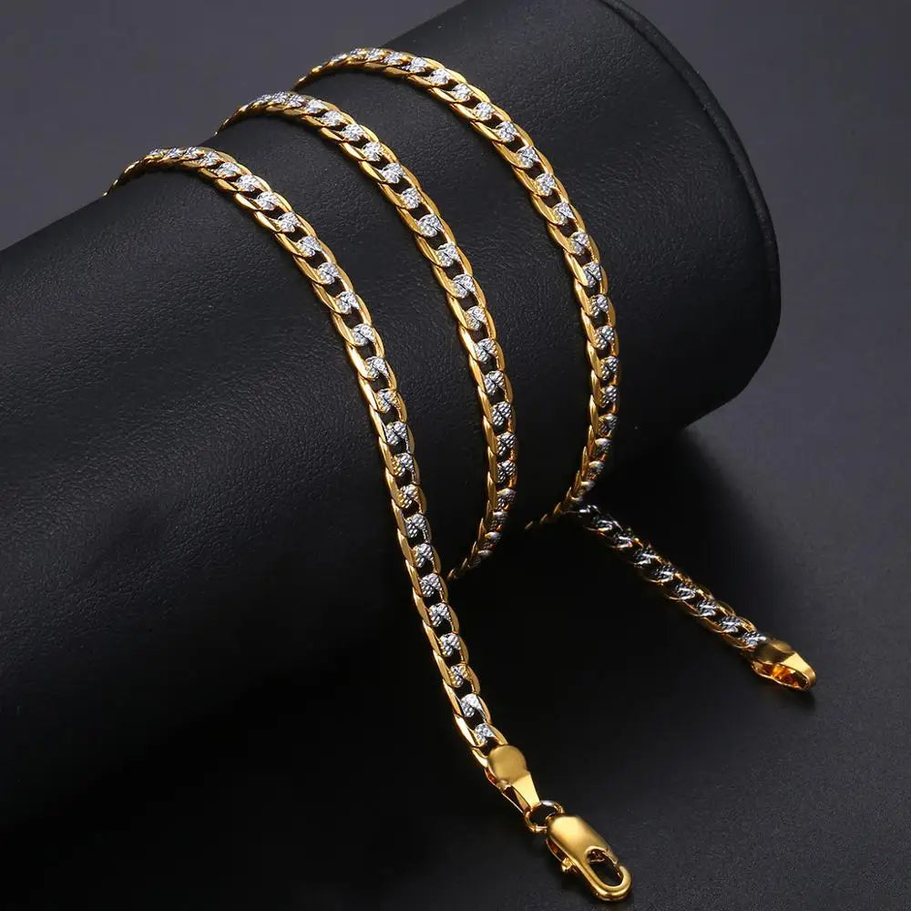 4mm Flat Hammered Curb Cuban Necklace Bracelet Set Gold Color Mix Silver Color for Women Men  Jewelry Set GN64A