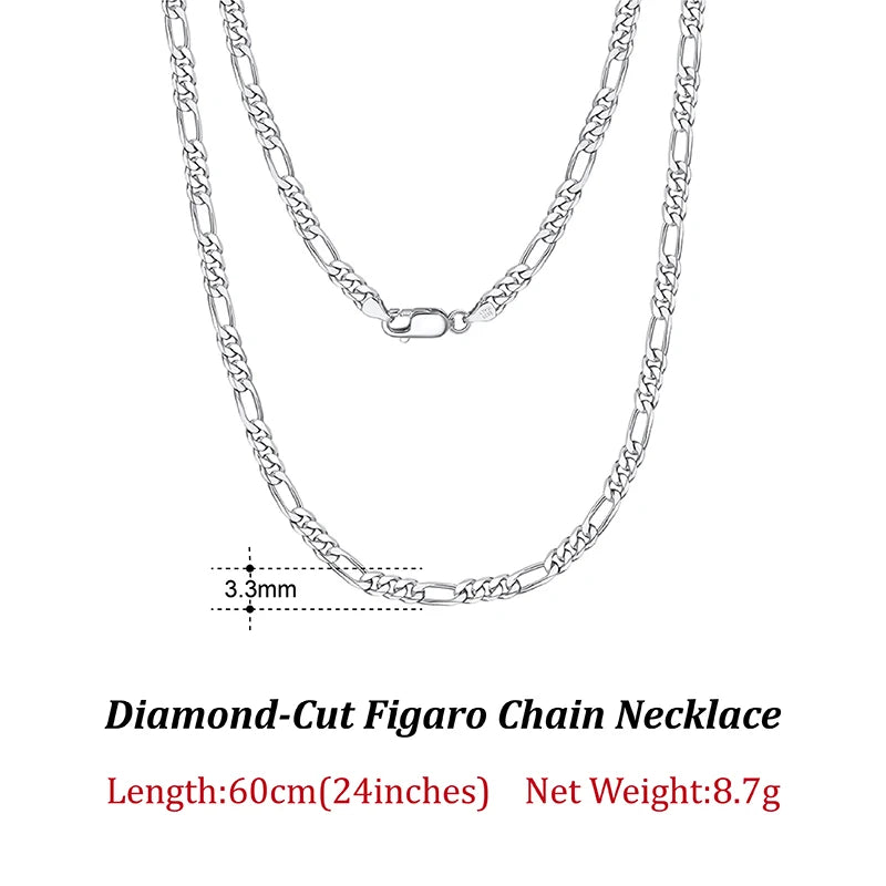 Rinntin 925 Sterling Silver 3.3mm Diamond-Cut Figaro Chain Necklace For Men Women Fashion Silver Necklace Luxury Jewelry SC34 - Uknowucme
