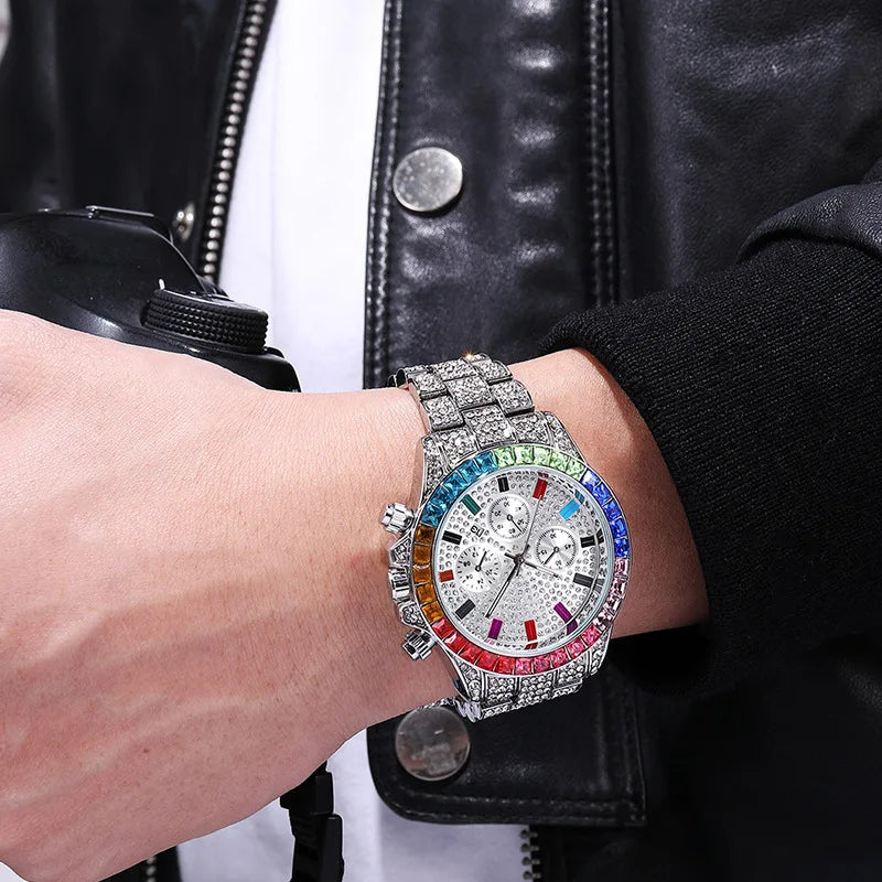 Watches for Men Luxury Hiphop Full Iced Out Watch Men Gold Colorful Rhinestone Hip Hop Watch Quartz Wristwatch Relogio Masculino