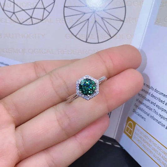 Trendy 1 Carat Green Color Round Moissanite Ring 925 Silver Plated White Gold Gra VVS Moissanite Adjustable Rings for Women - Uknowucme