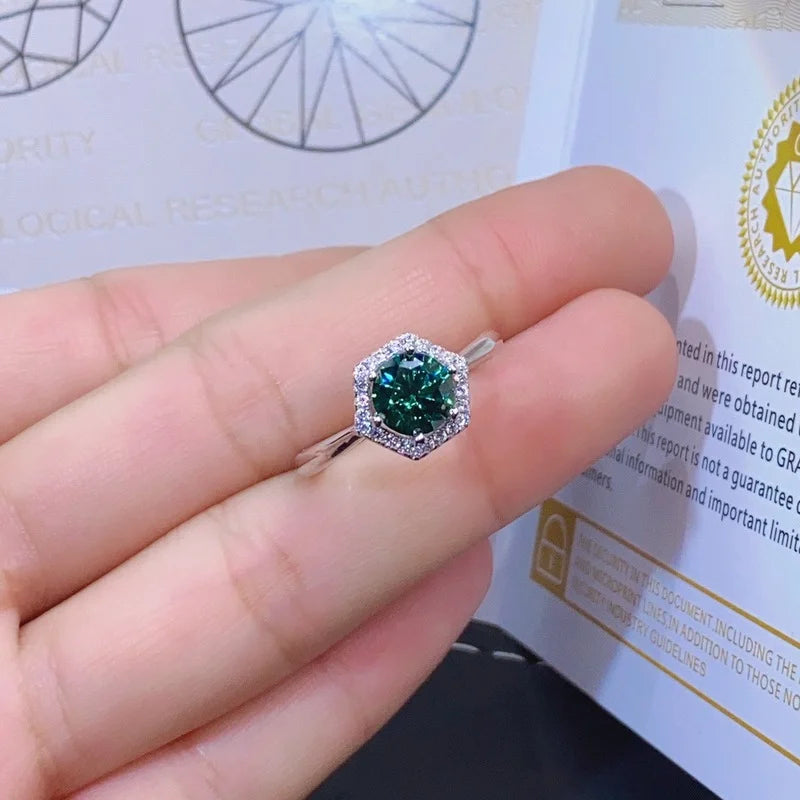 Trendy 1 Carat Green Color Round Moissanite Ring 925 Silver Plated White Gold Gra VVS Moissanite Adjustable Rings for Women - Uknowucme
