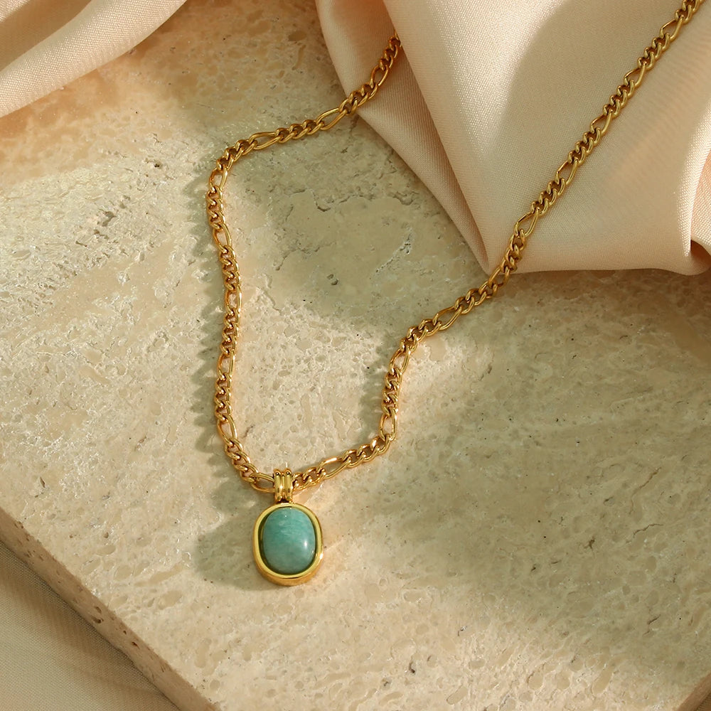 Tarnish Free Elegant Ladies Stainless Steel Gold Plated Figaro Chain Oval Natural Amazonite Stone Pendant Necklace For Women - Uknowucme