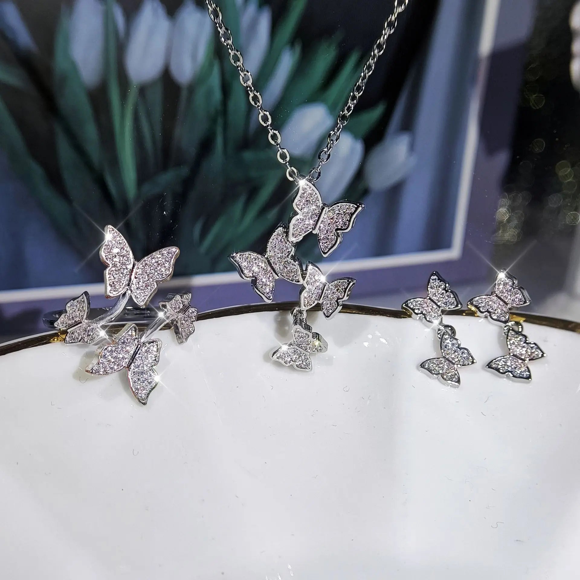Exquisite and Versatile New Four Butterfly Jewelry Set Ring Earring Necklace Set Bridal Wedding Jewelry Set 925 Silver Set - Uknowucme