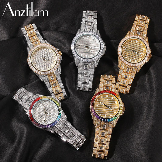 Iced Out Rainbow Watch Full Bling Diamonds For Men Women 316L Stainless Steel Quartz Wristwatch Gifts Free Shipping