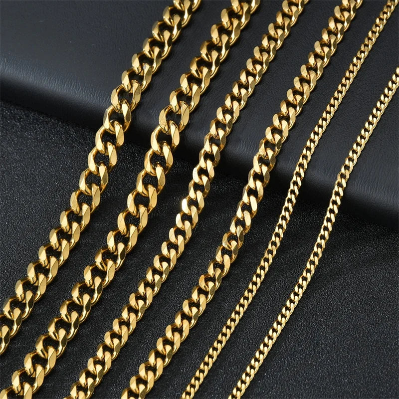 Basic Punk Stainless Steel 3,5,7mm Curb Cuban Necklaces For Men Women Black Gold Color Link Chain Chokers Solid Metal Jewelry - Uknowucme