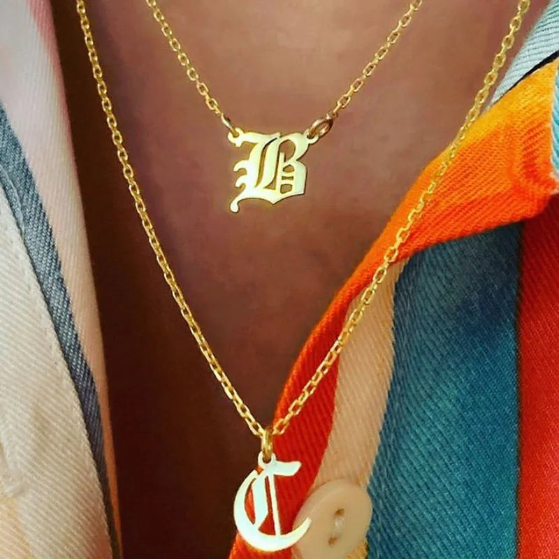 Goth Old English Initial Letter Necklace For Women Stainless Steel Letter A-Z Choker Necklaces Men Vintage Aesthetic Jewelry bff - Uknowucme