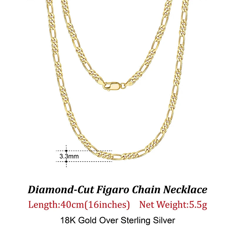 Rinntin 925 Sterling Silver 3.3mm Diamond-Cut Figaro Chain Necklace For Men Women Fashion Silver Necklace Luxury Jewelry SC34 - Uknowucme