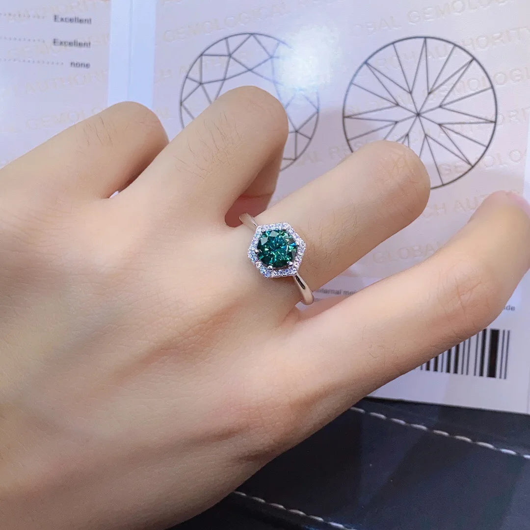 Trendy 1 Carat Green Color Round Moissanite Ring 925 Silver Plated White Gold Gra VVS Moissanite Adjustable Rings for Women - Uknowucme