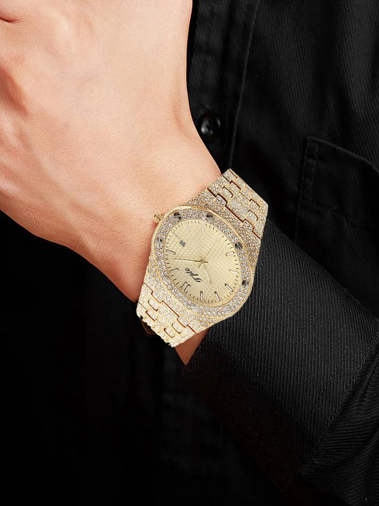 TPLE All Diamond Watches Round Luxury Men Watch Hip Hop Men Fashion Date Quartz Iced Out Bling Watch