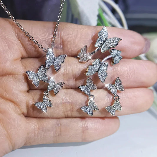 Exquisite and Versatile New Four Butterfly Jewelry Set Ring Earring Necklace Set Bridal Wedding Jewelry Set 925 Silver Set - Uknowucme