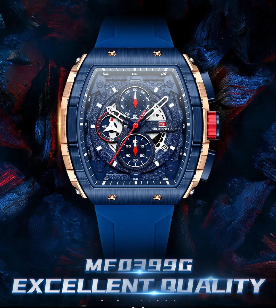 MINI FOCUS Chronograph Quartz Watch for Men Tonneau Dial Military Sport Wristwatch with Orange Silicone Strap Auto Date 0399 - Uknowucme