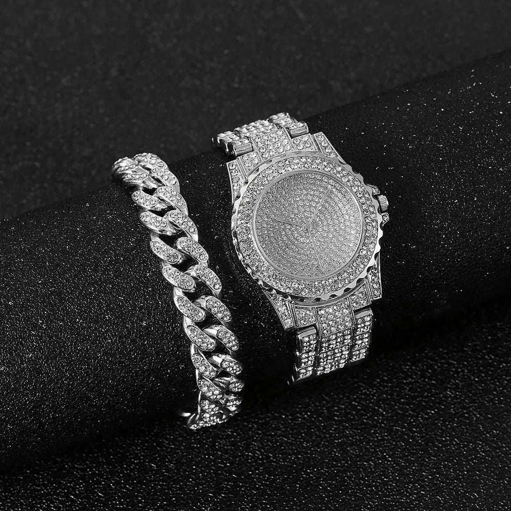 Watch + Bracelet for Women Cuban Chain Charm Iced Out Clock for Men Diamond Fashion Luxury Gold Wristwatch Jewelry Set Relojes