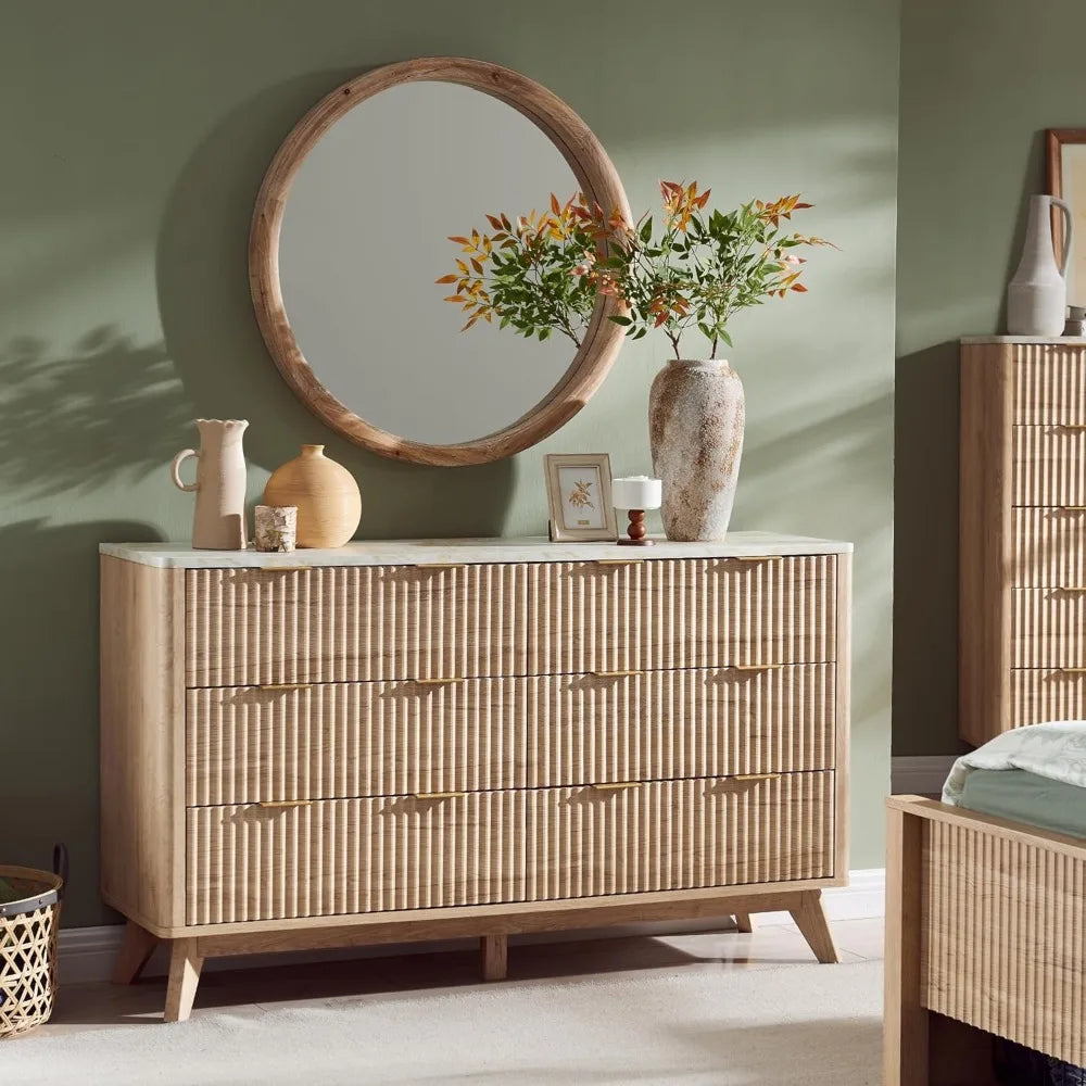 Fluted 6 Drawers Dresser, 54" Wide Modern Chest of Drawers with Faux Marble Top, Curved Profile Design - Uknowucme