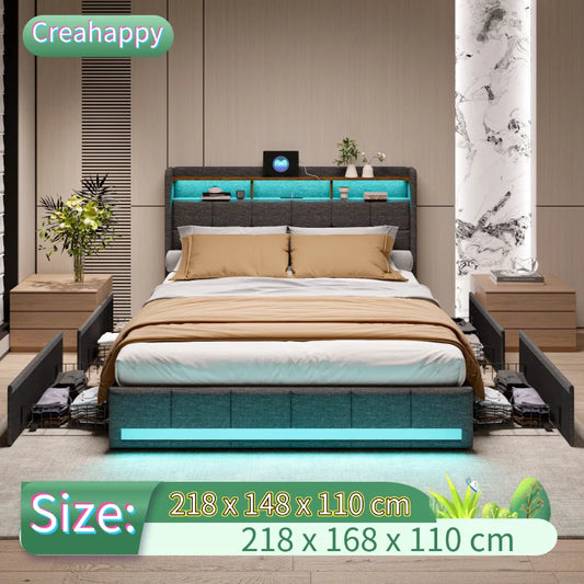 Creahappy Twin Bed Frame - Upholstered bed in grey - With USB charging port - With LED lighting - Storage drawers on both sides - Uknowucme