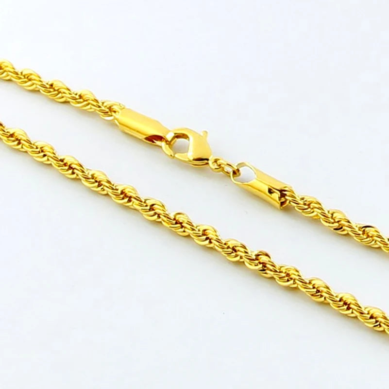 AGTEFFER Hip Hop 24K Gold Necklace 3MM Twisted Rope Twist Electroplating Gold Necklace for Men Women Wedding Jewelry Gifts - Uknowucme