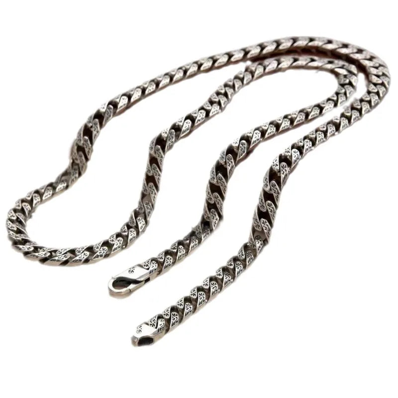 BOCAI New  S925 Sterling Silver Vintage Personalized Punk Trendy Cuban Chain Vine Grass Pattern Necklace Men