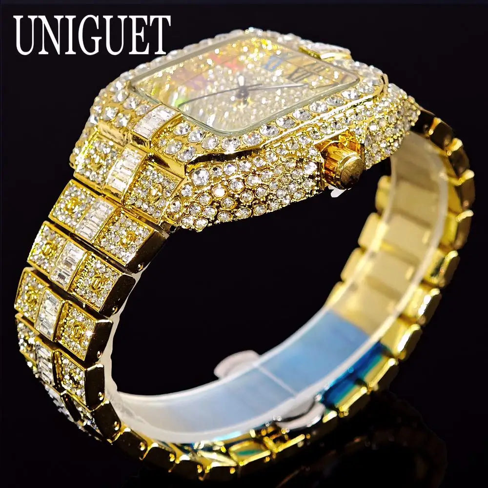 UNIGUET Luxury Iced Quartz Watch for Men Fashion Color Roman Square Watches Man Hip Hop Diamond AAA Jewelry Wristwatch Reloj Hot - Uknowucme