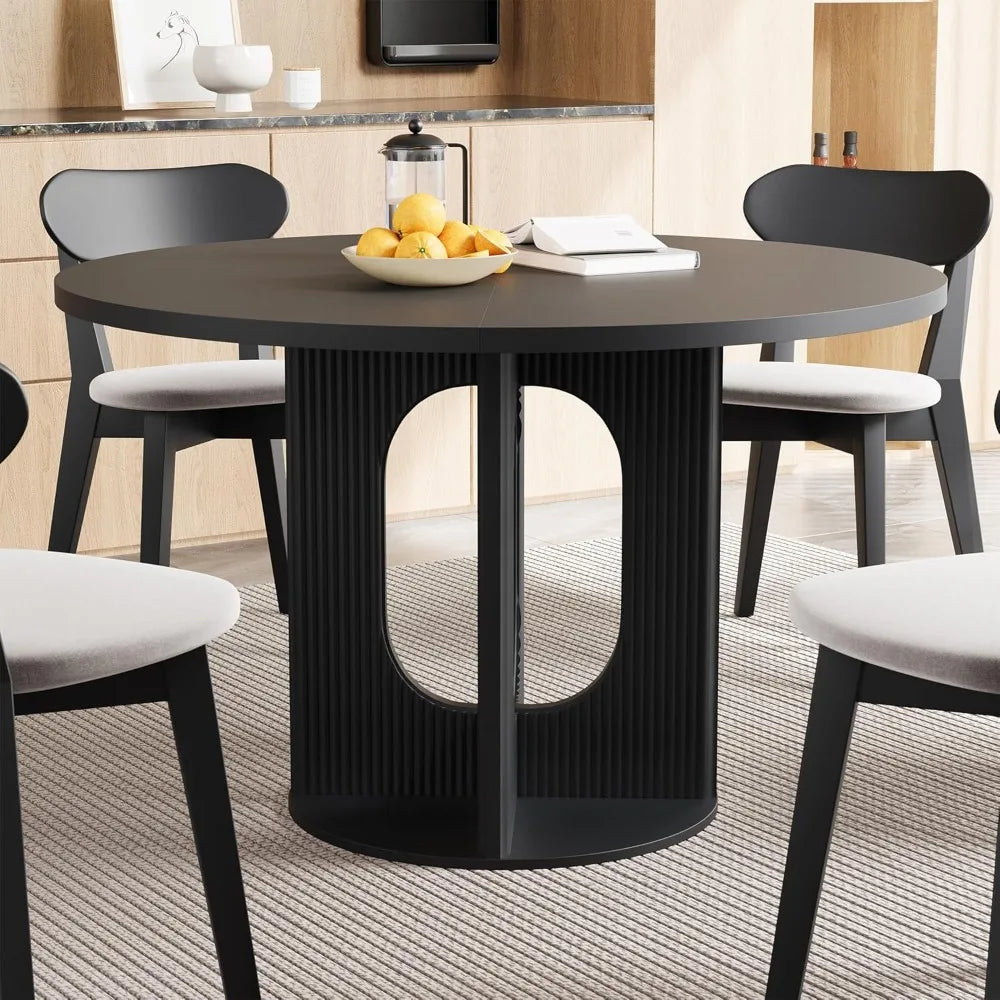 Farmhouse Round Fluted Dining Table for 4, 47 Inch Circle Kitchen Table with Wooden Pedestal Base, Dinner Tables for Home Living