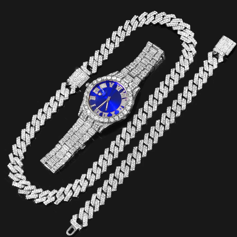 Necklace+Watch+Bracelet Iced Out Watch For Men Hip Hop 14MM Prong Cuban Chain Rapper Cuban Necklaces Set Punk Party Jewelry Gift