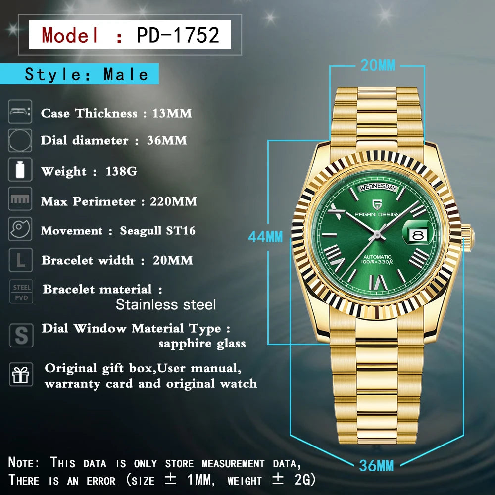 PAGANI DESIGN DD36 Gold Green V2 Men's Mechanical Watches Luxury Automatic Watch For Men 2024 New AR Sapphire glass Wrist watch - Uknowucme