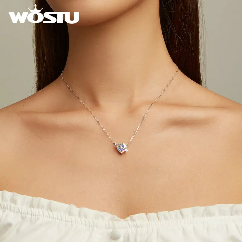 WOSTU 925 Sterling Silver Original Zircon Love Necklace Adjustable Neck Chain Cupid Arrow Heart Pendant For Women Jewelry Gift - Uknowucme