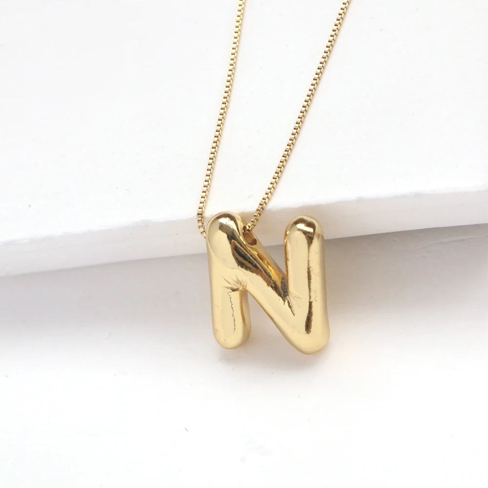 Gold Plated Copper Chunky Alphabet Balloon Bubble Initial Letter Pendant Necklace for Women Men Boy Fashion Jewelry - Uknowucme