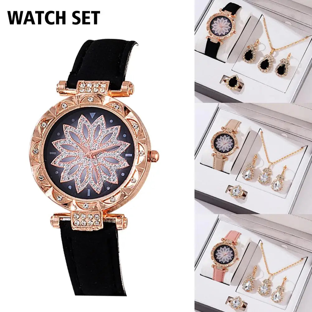 5pcs Set Watches Women Leather Band Ladies Watch Simple Casual Women's Analog WristWatch Bracelet Gift Montre Femme - Uknowucme