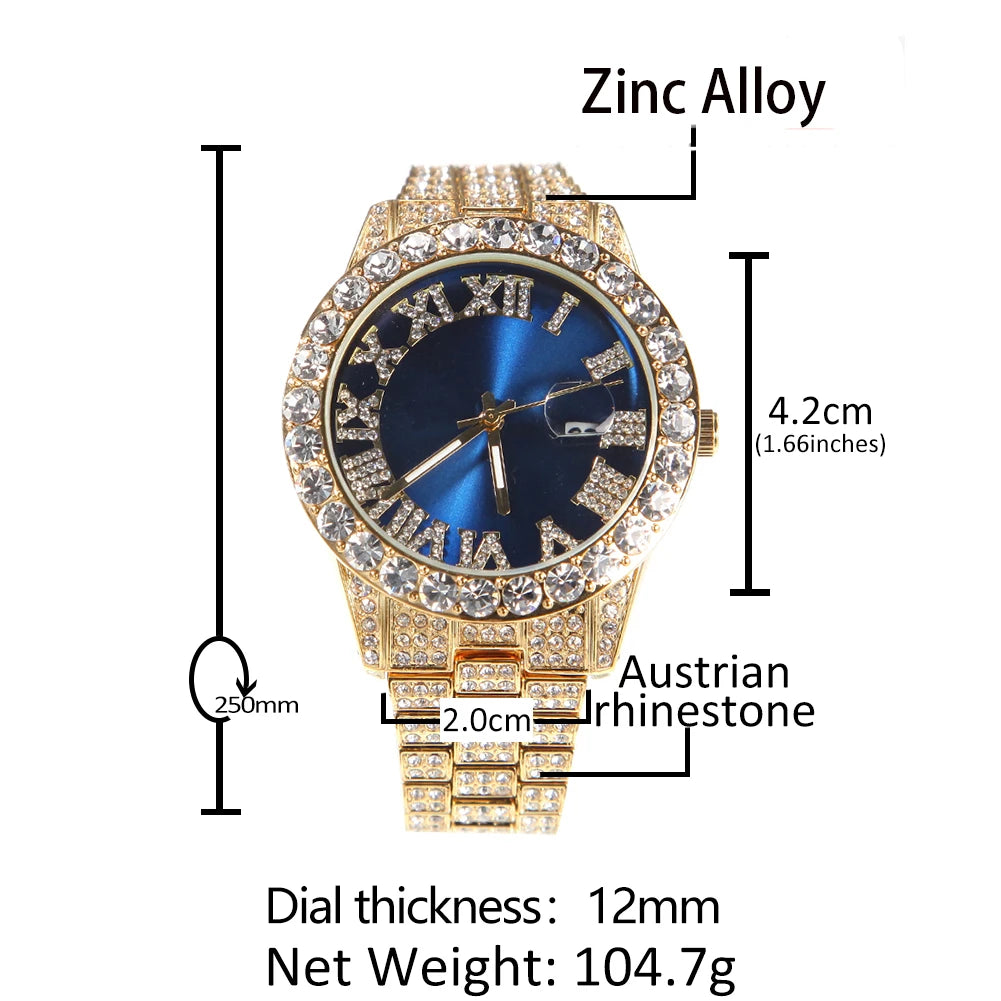 THE BLING KING Men's Watch Big Pink Purple Blue Dial Iced Out Quartz Clock Luxury Rhinestone Business Waterproof Wrist Watches