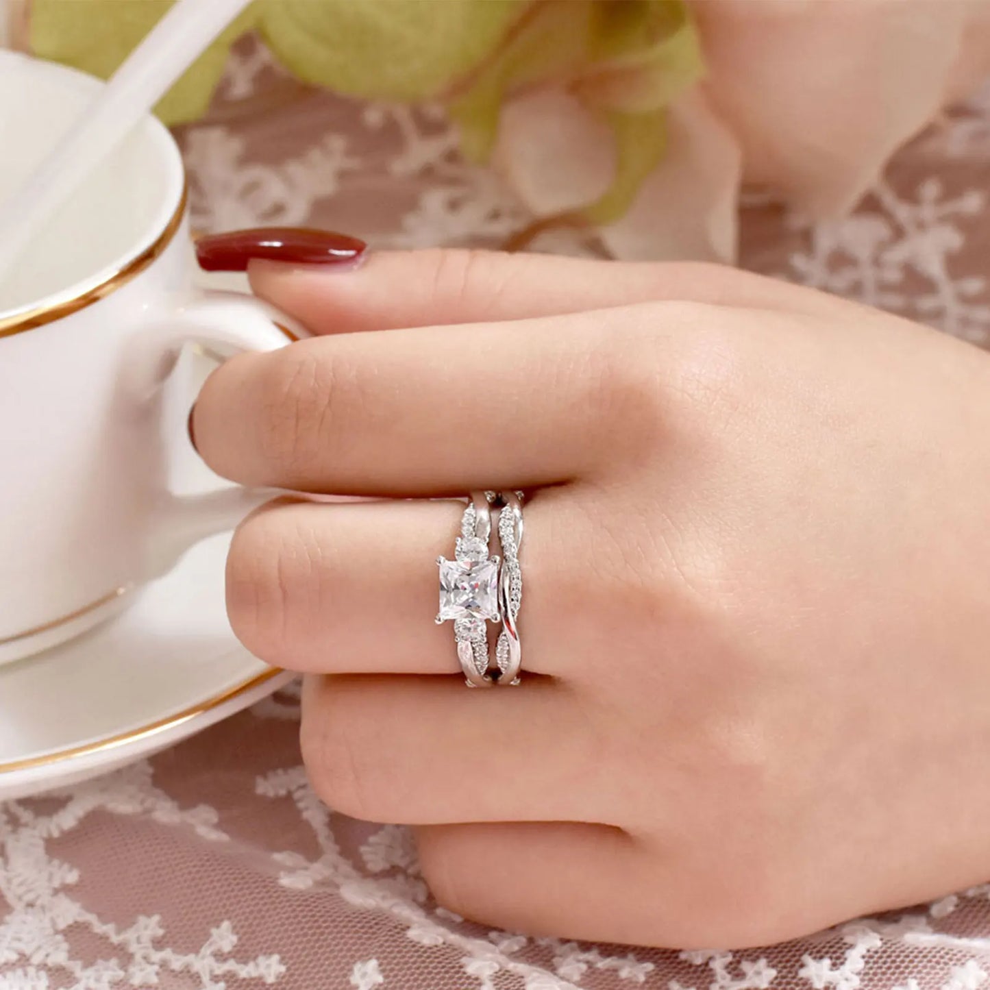Newshe 925 Sterling Silver Eternity Engagement Rings Twist Cross Wedding Band Bridal Sets Princess Cut AAAAA CZ Jewelry - Uknowucme