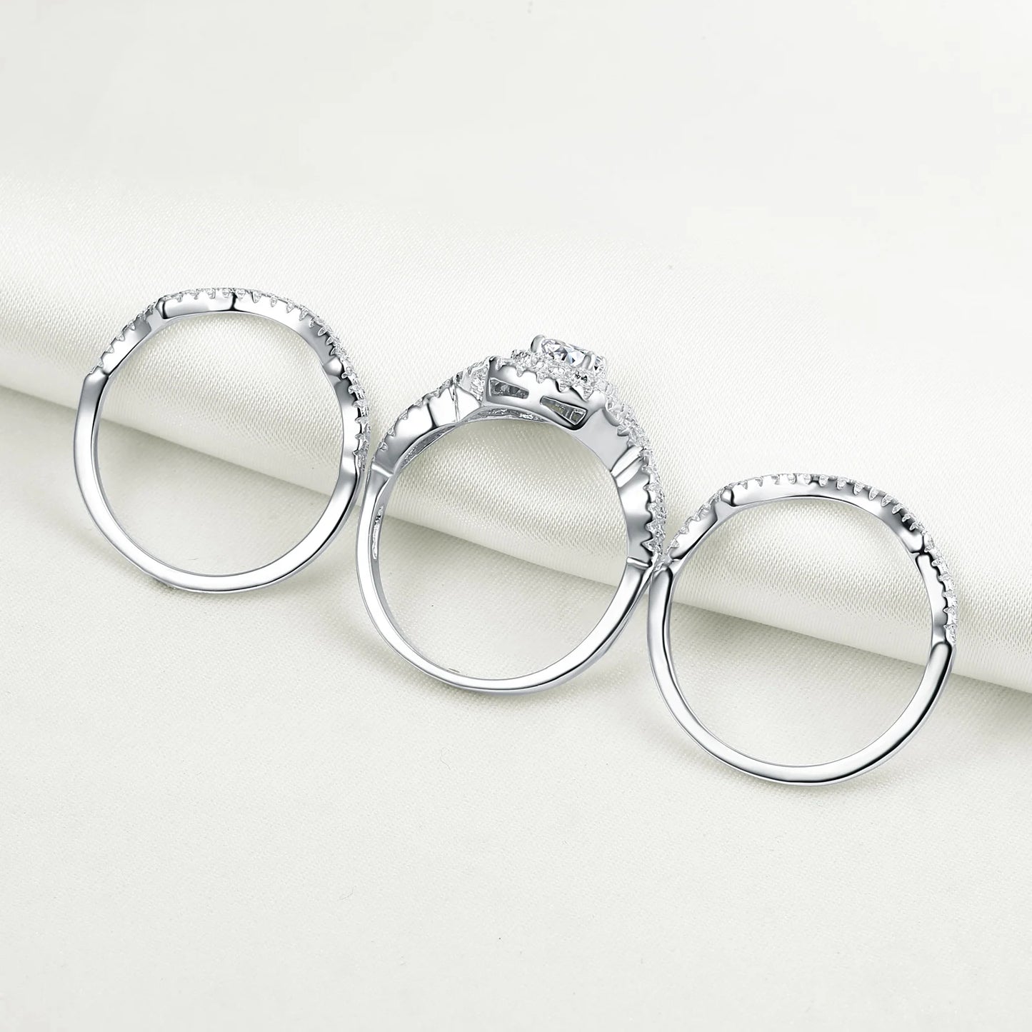 Newshe Original 925 Sterling Silver Jewelry 3 Pcs Wedding Rings Set for Women Halo Brilliant Zircon Luxury Engagement Bridal Rin - Uknowucme