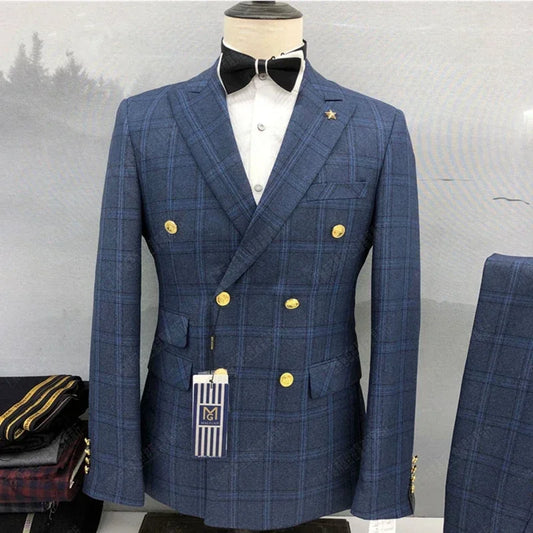 2023 Fashion New Men's Leisure Boutique Double Breasted Plaid Suit 2 Piece Set Drees Blazers Jacket Pants Trousers Two Pcs