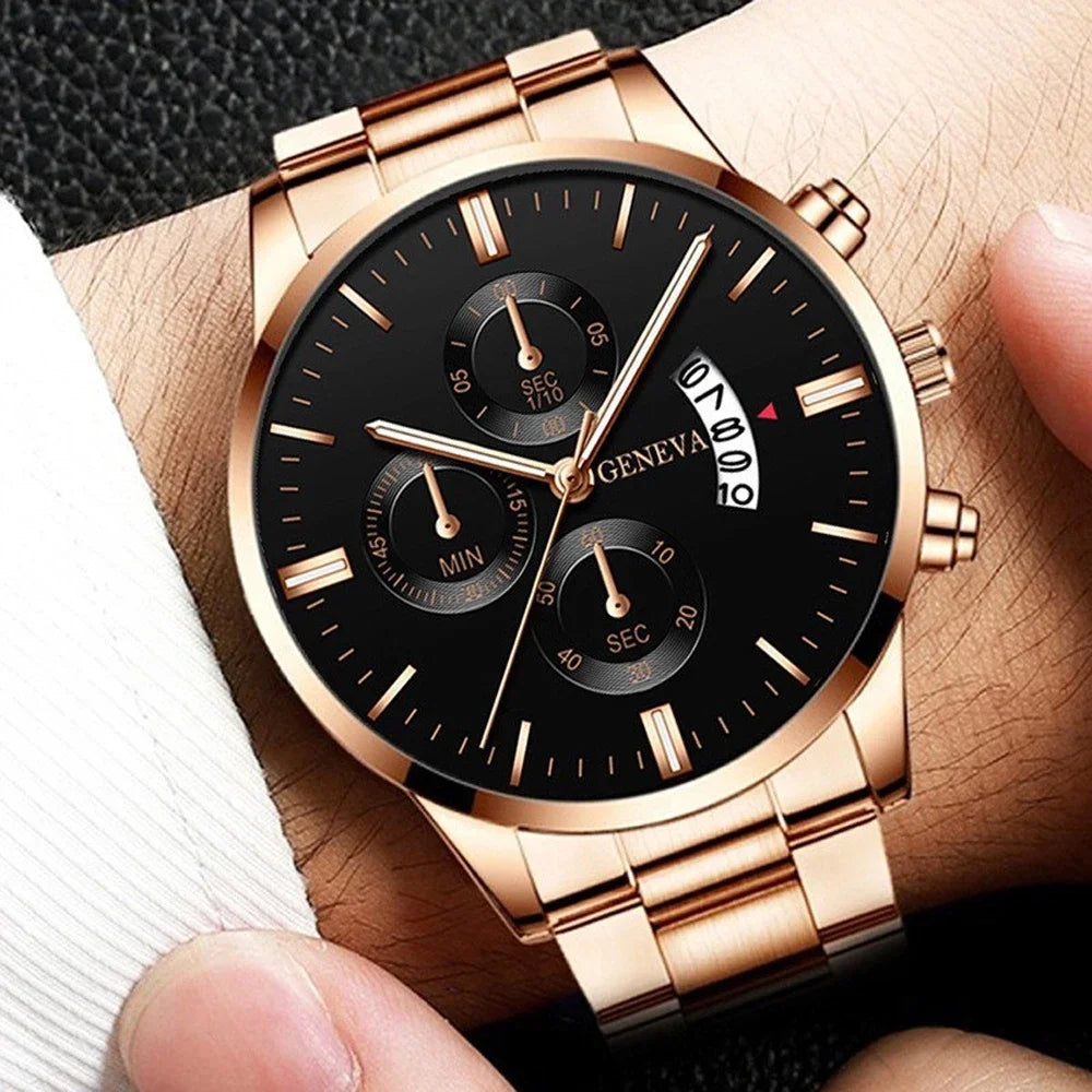 New Geneva Leisure Business Men's Watch Fashion Three Eyes Military Quartz Watch Stainless Steel Waterproof Gentleman Wristwatch - Uknowucme