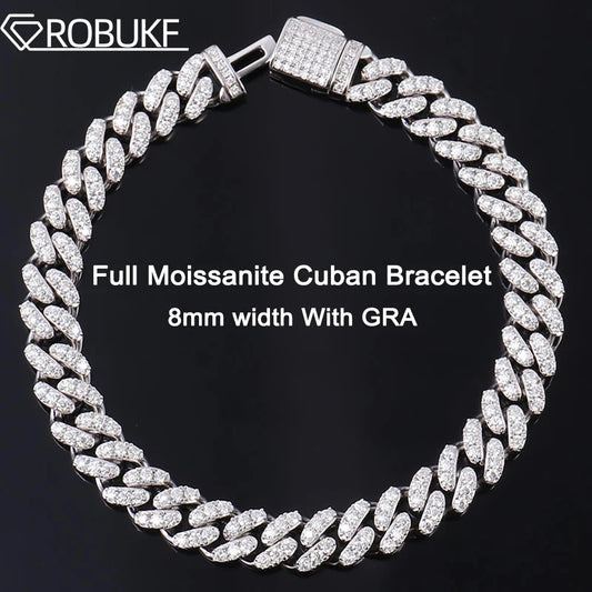 8mm Cuban Chain Bracelet Real Full Moissanite For Men D Color VVS1 Diamond White Gold Plated 925 Sterling Silver Hip Hop Jewelry - Uknowucme