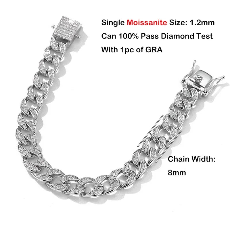 EWYA Full 1.2mm D Color Moissanite Cuban Chain Bracelet For Men Women S925 Silver Pass Diamond Test 8mm Wide Link Bracelets Gift - Uknowucme