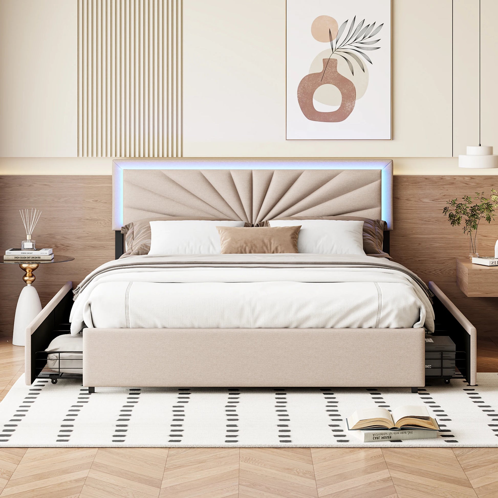 Double Bed, Upholstered Bed 160 x 200 cm, LED Bed Frame, Storage Bed with 4 Drawers and Slatted Frame, Headboard, Youth Bed - Uknowucme