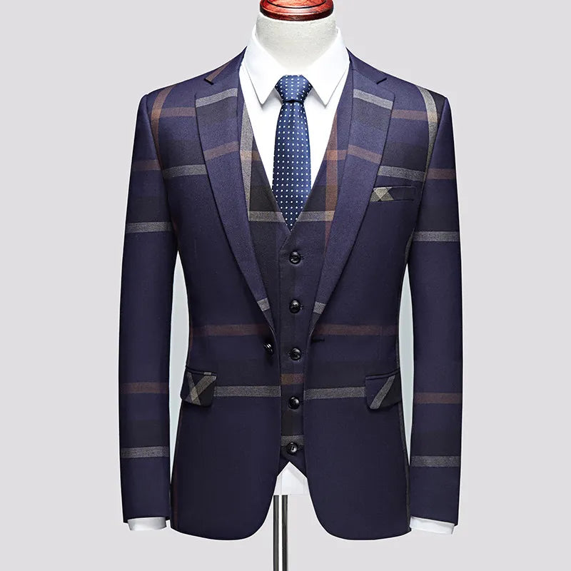 3 Pcs Suits Set Coat Vest Pants / 2023 Fashion Men's Casual Boutique Business Plaid Slim Formal Dress Blazers Jacket Waistcoat - Uknowucme