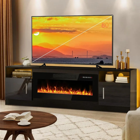 Fireplace tv Stand with 36 inch Fireplace Up to 80" TVs,LED Light Entertainment Center and Storage, 70" Modern Wood Media TV Con
