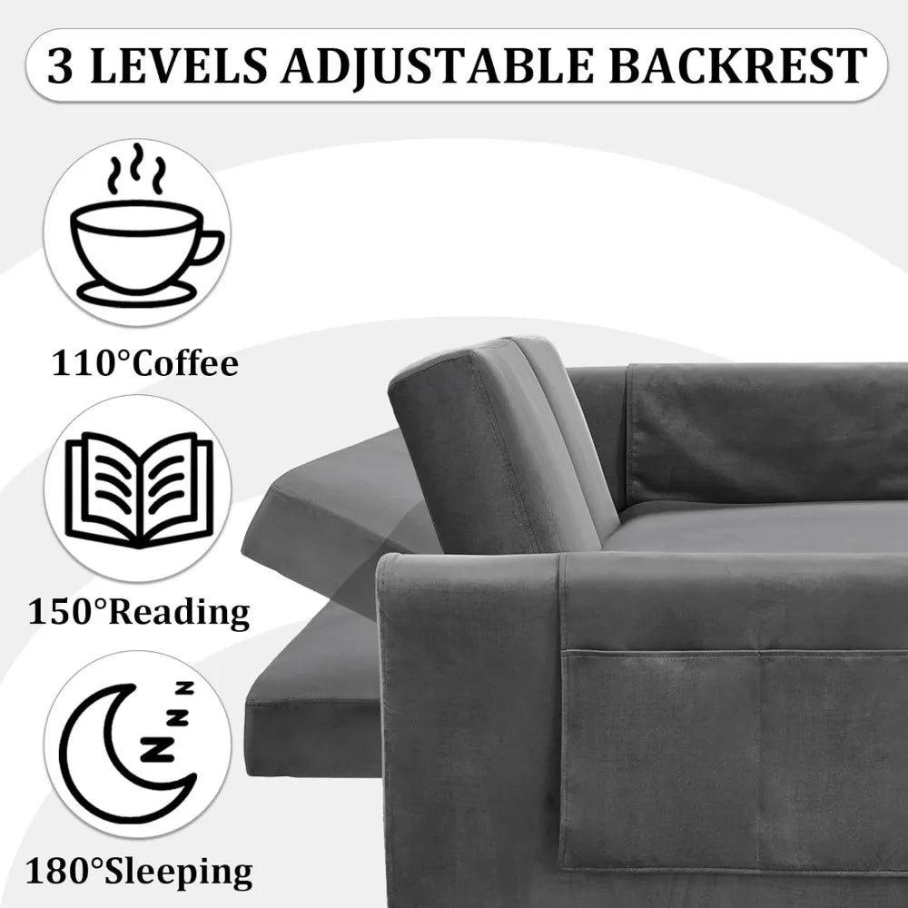 3 in 1 Pull Out Convertible Sofa Bed-Velvet Sleeper Sofa with 3Level Adjustable Backrest,Tufted Love Seat w/ 2Pockets ＆ 2Pillows - Uknowucme