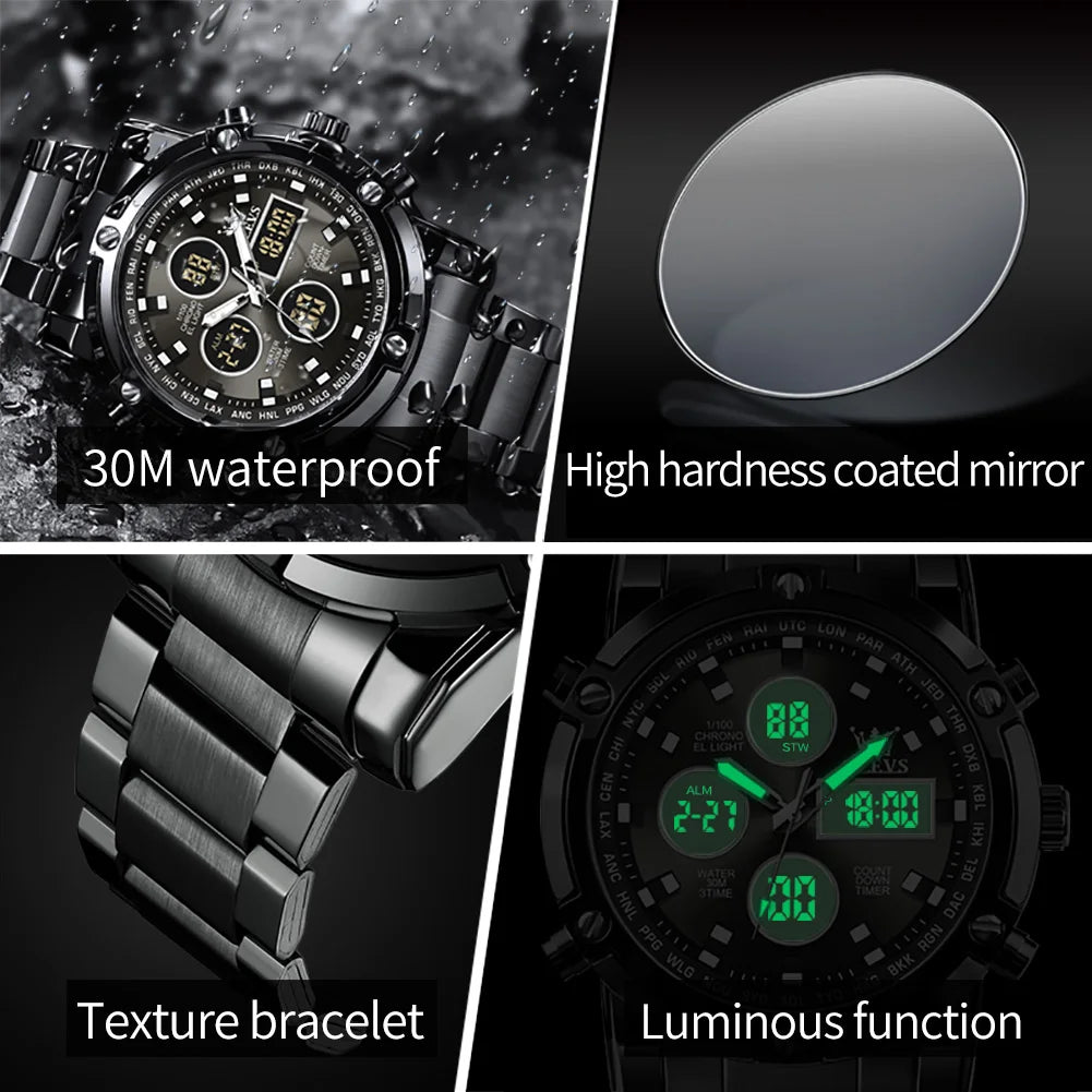 OLEVS Original Brand Men's Watches Waterproof Trendy Electronic Watch Multifunctional LED Luminous Fashion Stainless Steel