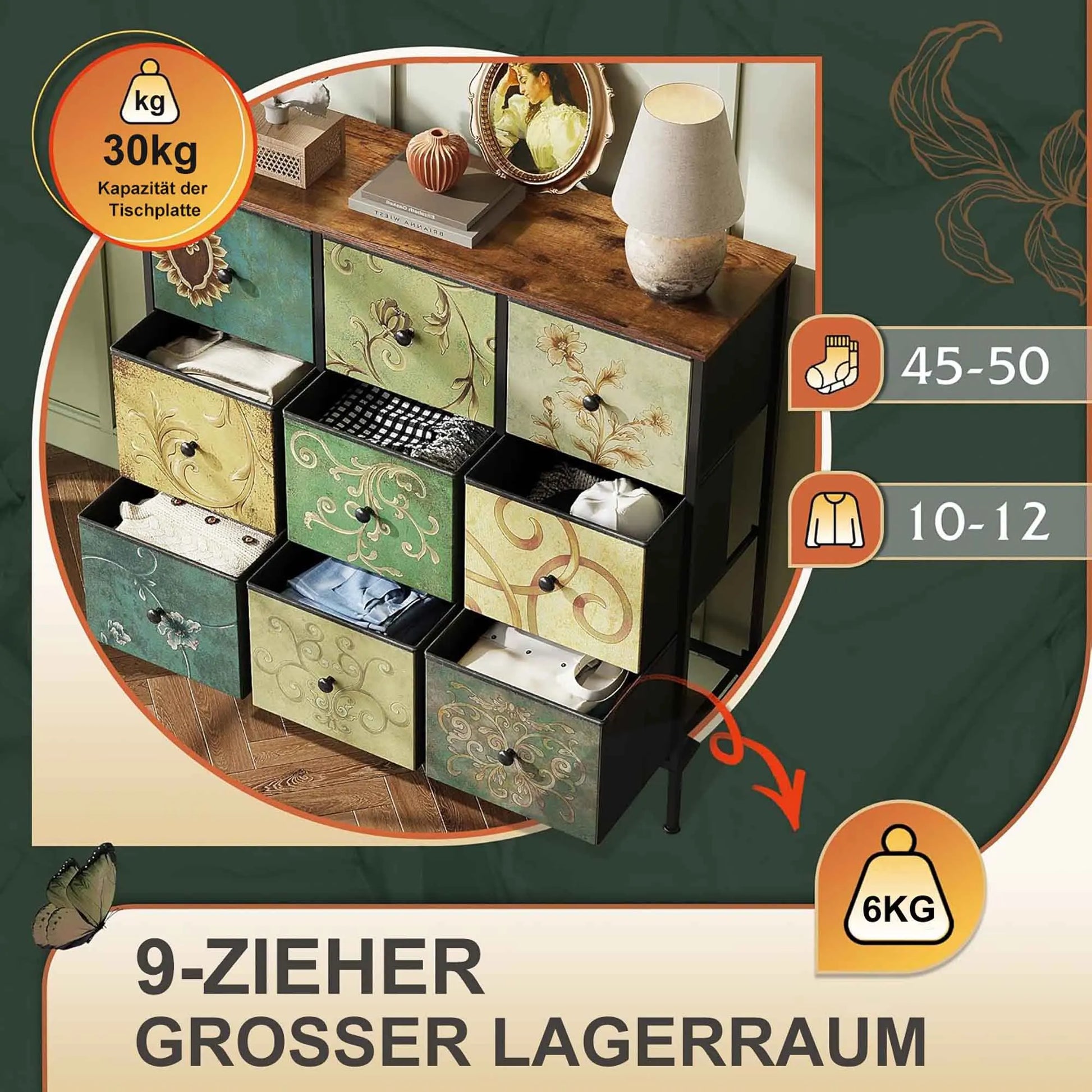 Chest of Drawers with 9 Fabric Drawers, TV Cabinet, Sideboard with Fabric Drawers, Drawer Cabinet for Kitchen Office Hallway - Uknowucme