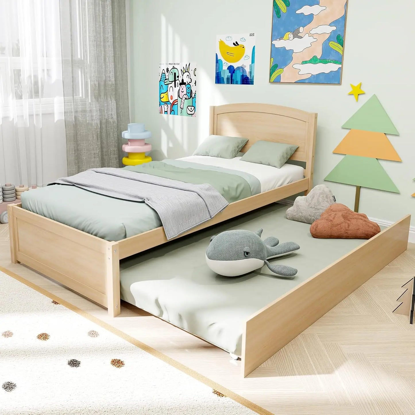 Twin Trundle Bed, Solid Wooden Pull Out Bedframe, Extendable Day Bed with Headboard and Soild Wood Slats Support, Bedroom