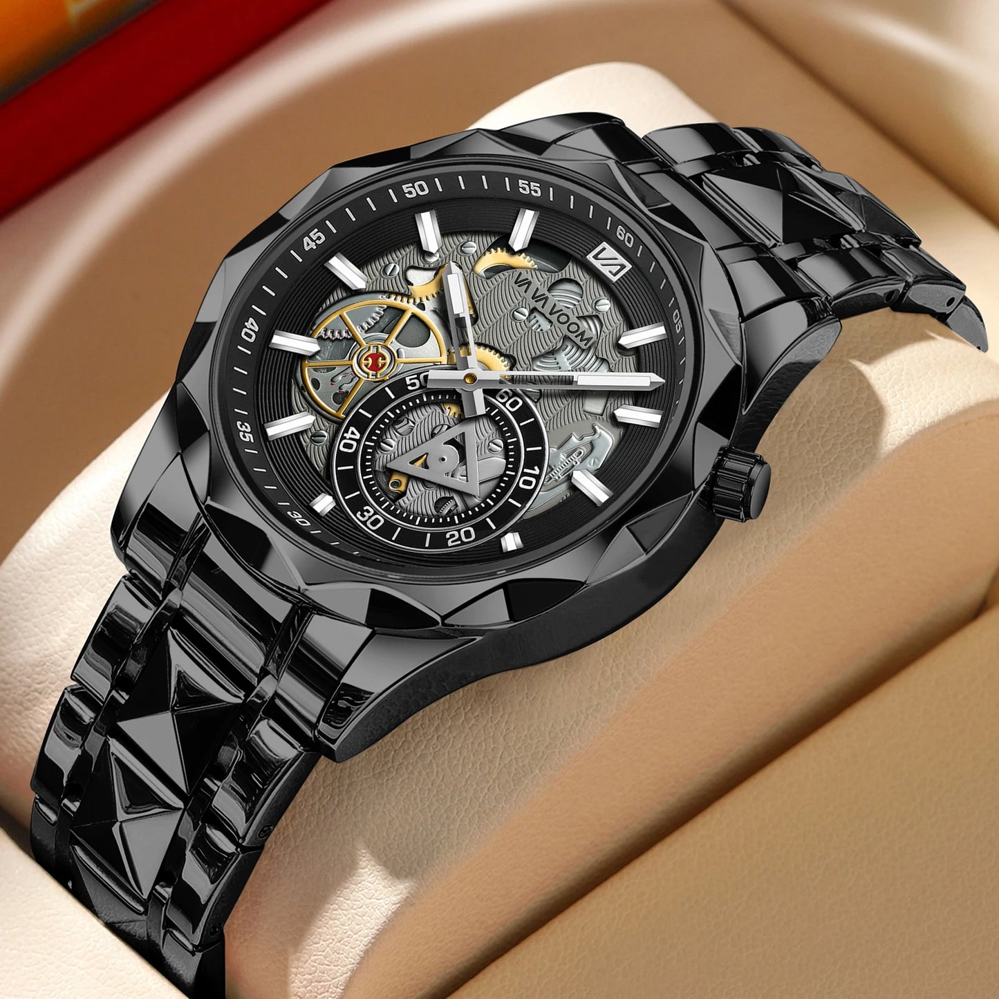 VA VA VOOM Stainless Steel Mens Quartz Watch With 41mm Hollowed Out Dial Quartz Movement Luminous Gold Luxurious Men Wristwatch - Uknowucme