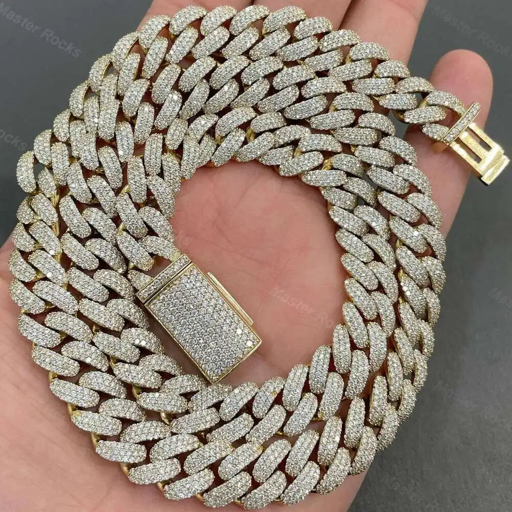 12mm 3rows Vvs Moissanite Studded Miami Cuban Link Chain 925 Sterling Silver Moissanite Iced Out Cuban Chain Fashion Necklace