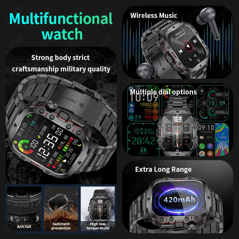 LIGE New Rugged Military GPS Smart Watch Men Bluetooth Call Health Monitoring AI Voice Sports Waterproof Smartwatches For Xiaomi