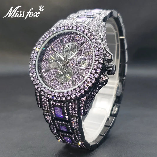 Men's Quartz Watch Hip Hop Iced Out Purple Zircon Luxury Party Jewlry Watches With Calendar Male Hand Clock Decorative Dials