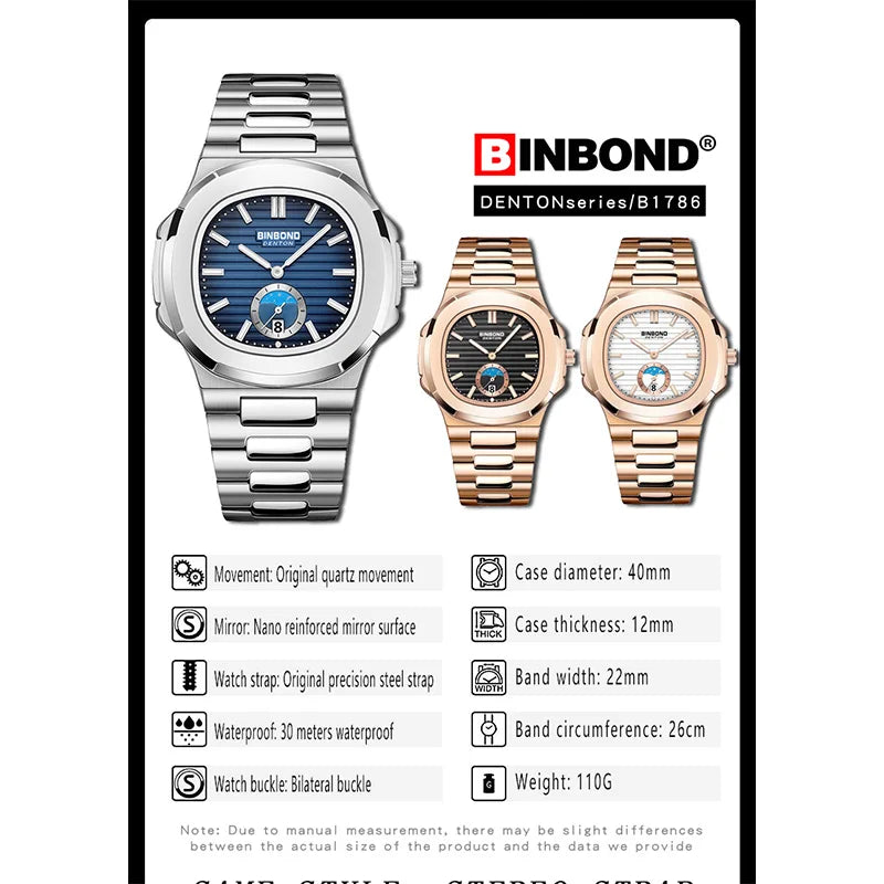 BINBOND Luxury Men Wristwatch Business Waterproof Luminous Date Man Watch Stainless Steel Men's Quartz Watches Relogio Masculino - Uknowucme