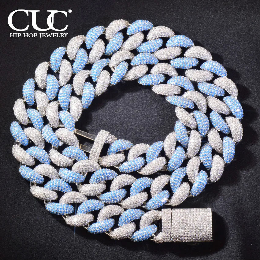 CUC 14mm Blue Zircon Hip Hop Necklace Chain for Men Iced Out Miami Cuban Chain Link Fashion Rock Rapper Jewelry - Uknowucme