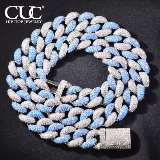CUC 14mm Blue Zircon Hip Hop Necklace Chain for Men Iced Out Miami Cuban Chain Link Fashion Rock Rapper Jewelry - Uknowucme