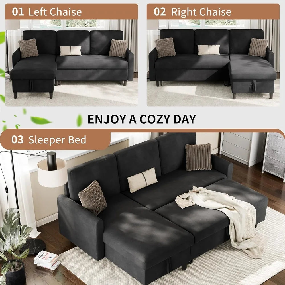 Walsunny L-Shaped Sectional Sleeper Sofa | Pull-Out Bed with Storage, Reversible Design