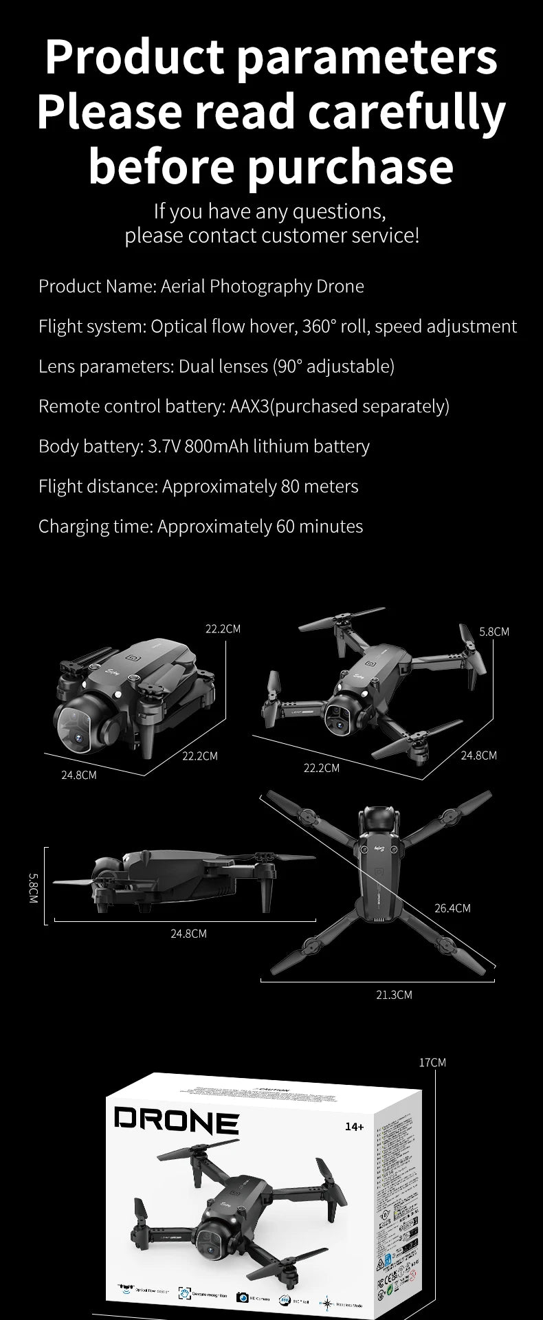 H20 Drone: Foldable Remote Control Four-Axis Flying Toy with Dual-Lens Design + Optical Flow Hover + Six-Axis Gyroscope